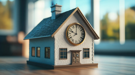 Clock face surrounding a house model in 3D, illustrating time in real estate. No people, ample room for copyの素材