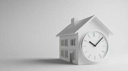 Clock hands ticking over a 3D house model, illustrating the time-sensitive nature of mortgages. No people, copy spaceの素材