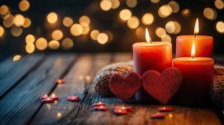 Candlelight and heart-shaped decorations creating a romantic ambiance, symbolizing love. No people, ample copy spaceの素材