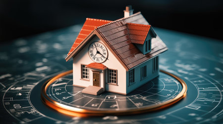 Clock face surrounding a house model in 3D, illustrating time in real estate. No people, ample room for copyの素材