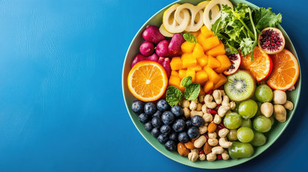 Colorful weight loss plate with fresh fruits, veggies, and nuts. No people, room for textの素材