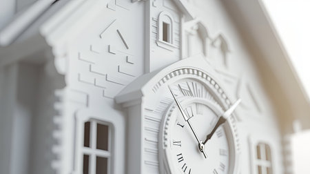 Clock hands moving around a house model, illustrating time in mortgages. 3D rendering, no people, copy spaceの素材
