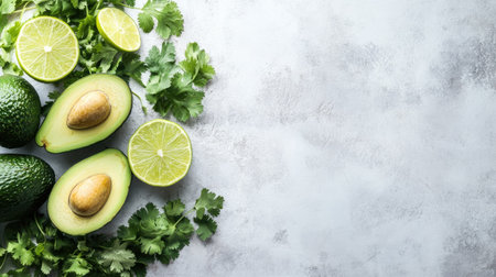 Fresh avocados, lime, and cilantro arranged on a light surface with copy space for textの素材
