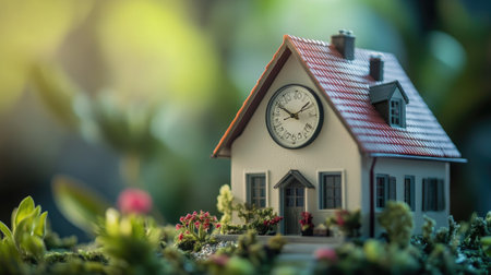 Clock hands moving over a house model, symbolizing real estate investments over time. No peopleの素材