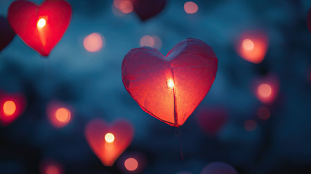 Floating paper lanterns in the shape of hearts, representing romantic celebrations. No people, room for messageの素材