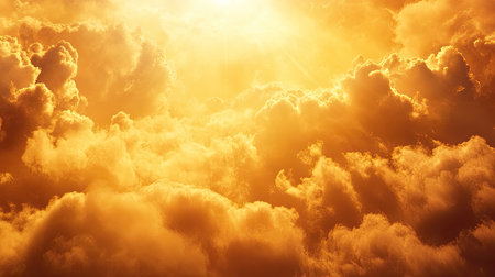 Golden sunbeams breaking through clouds, filling the sky with light and space for copy. No people, serene atmosphereの素材
