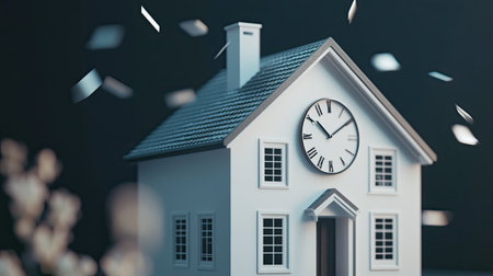 Clock hands moving around a house model, illustrating time in mortgages. 3D rendering, no people, copy spaceの素材