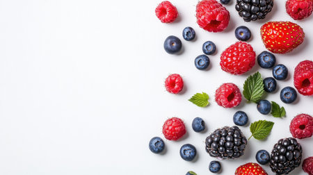 Fresh berries--strawberries, raspberries, and blueberries--spread on a white background with copy space for textの素材