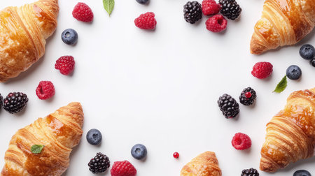 Flat lay of freshly baked croissants and berries on a white background, space for copy or textの素材