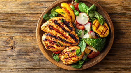 Grilled chicken and vegetables on a plate, ideal for a weight loss diet. No people, copy space availableの素材