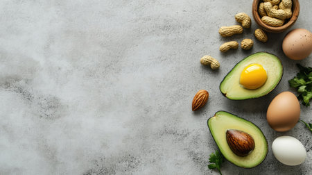 Healthy weight loss ingredients including avocado, eggs, and nuts. No people, ample space for textの素材