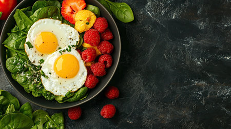 Healthy weight loss meal featuring eggs, spinach, and fresh fruits. No people, space for messageの素材