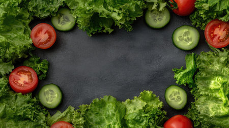 Top view of fresh lettuce, cucumbers, and tomatoes with copy space in the center for text or brandingの素材