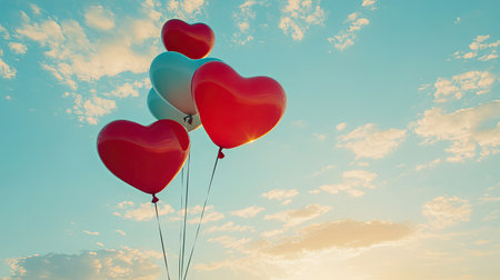 Romantic heart-shaped balloons floating in the sky, symbolizing love and celebration. No people, ample copy space for textの素材