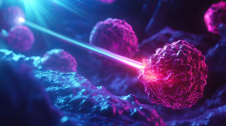Laser beam targeting cancer cells, illustrating phototherapy treatment in 3D. No people, space for copy or medical textの素材