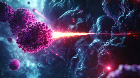 Laser beam targeting cancer cells, illustrating phototherapy treatment in 3D. No people, space for copy or medical textの素材