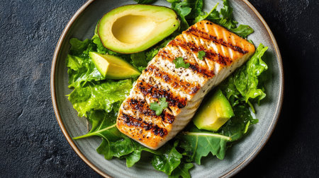 Low-carb meal with grilled fish, avocado, and leafy greens. No people, room for textの素材