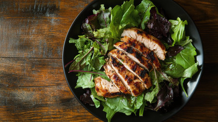 Mixed greens and lean protein on a weight loss diet plate. No people, ample copy space for textの素材