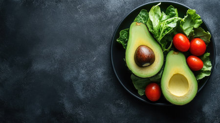 Weight loss diet featuring fresh salad with avocado, cherry tomatoes, and greens. No people, space for copyの素材