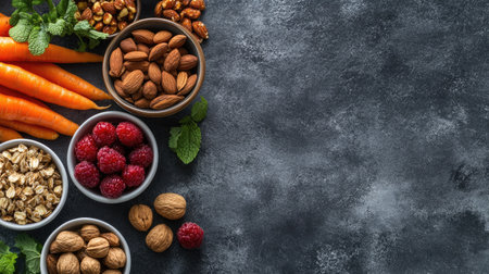 Low-carb meal with grilled fish, avocado, and leafy greens. No people, room for textの素材