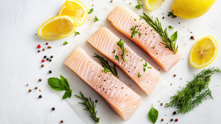 Top view of fresh fish fillets with herbs and lemon wedges, perfect for text overlayの素材