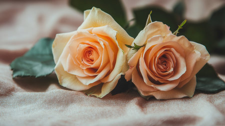 Two roses crossed together on a soft surface, symbolizing romance and togetherness. No people, space for copyの素材
