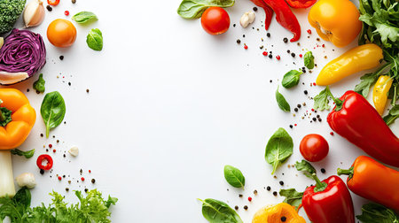 Top view of a colorful salad with cherry tomatoes, cucumbers, and lettuce, leaving space for text or brandingの素材