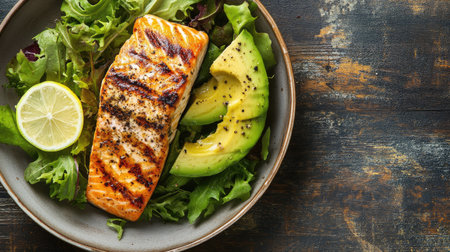 Low-carb meal with grilled fish, avocado, and leafy greens. No people, room for textの素材