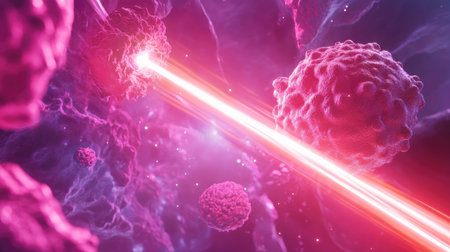 Medical phototherapy with laser beams eradicating cancer cells in 3D. No people, ample space for message or textの素材