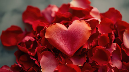 Rose petals in the shape of a heart, conveying romance and special moments. No people, copy space for messageの素材