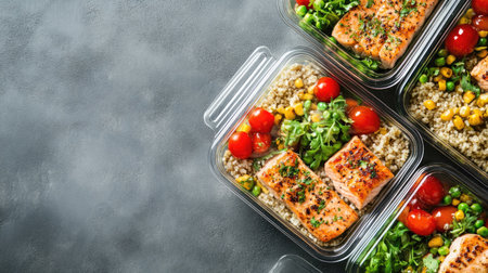 Top view of a healthy meal prep for weight loss with portion control. No people, copy space availableの素材