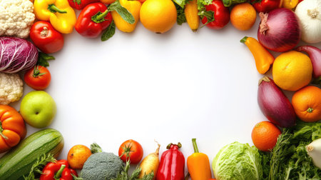 Organic fruits and vegetables placed around the edges of a blank white area for text. Perfect for fresh produceの素材