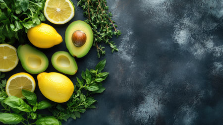 Top view of fresh avocados, lemons, and herbs, perfect for copy spaceの素材