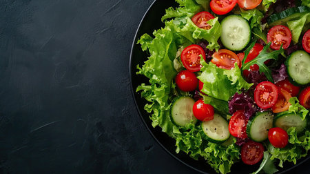 Top view of a colorful salad with cherry tomatoes, cucumbers, and lettuce, leaving space for text or brandingの素材