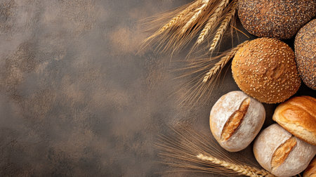 Top view of a variety of fresh bread rolls and wheat stalks, perfect for text placementの素材