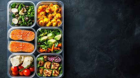 Top view of a healthy meal prep for weight loss with portion control. No people, copy space availableの素材