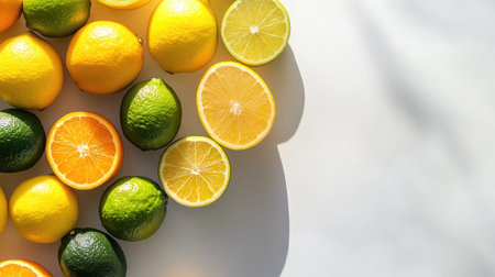 Top view of an array of citrus fruits--lemons, limes, and oranges--on a bright surface, with ample copy spaceの素材