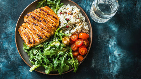 Top view of a weight loss meal with lean protein, greens, and a water bottle. No people, copy space availableの素材
