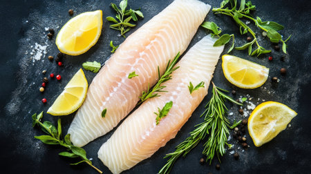 Top view of fresh fish fillets with herbs and lemon wedges, perfect for text overlayの素材
