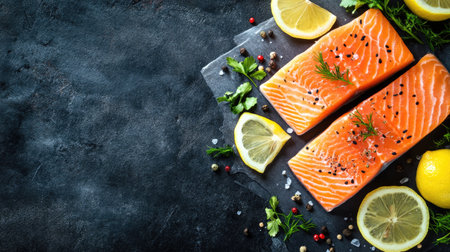 Top view of raw salmon fillets with lemon wedges and herbs, copy space on a dark background for textの素材