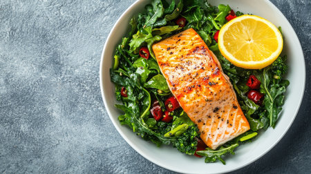 Top view of portion-controlled weight loss meal with salmon and greens. No people, copy space availableの素材