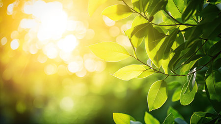 Warm sunlight filtering through tree leaves, creating a natural glow with ample copy space for text or message. No peopleの素材