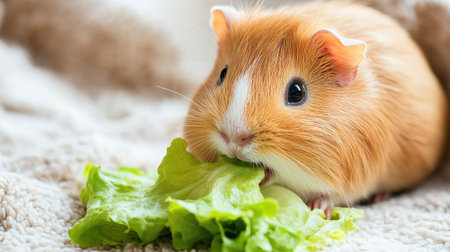 A cute guinea pig eating a piece of lettuce, with plenty of space for copy in the soft surroundingsの素材