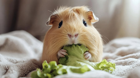 A cute guinea pig eating a piece of lettuce, with plenty of space for copy in the soft surroundingsの素材
