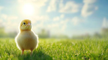 A fluffy chick standing on a sunny field of grass, with space for text in the background skyの素材