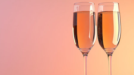 Two champagne glasses clinking together, representing romance and celebration. No people, space for message or brandingの素材