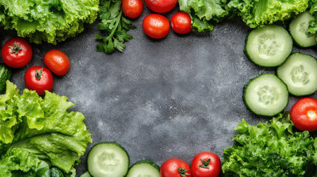 Top view of fresh lettuce, cucumbers, and tomatoes with copy space in the center for text or brandingの素材