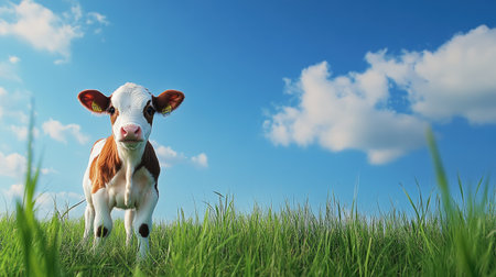 A cute baby cow standing in a grassy field, with space for copy in the blue sky aboveの素材