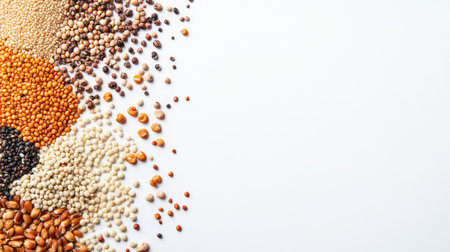 Top view of assorted grains and legumes, with space for text on a clean white backgroundの素材