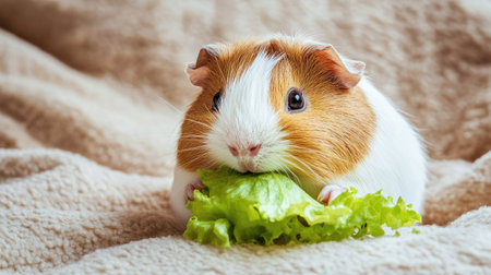 A cute guinea pig eating a piece of lettuce, with plenty of space for copy in the soft surroundingsの素材